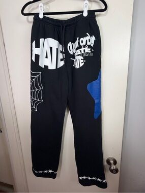 Hatesociety Black Signature Graphic Fleece Y2K Streetwear Flared Sweatpants M